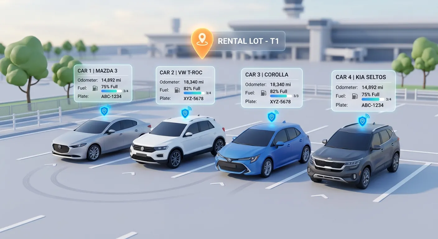 Rental cars on an airport rental lot, each with a connected telematics tracker showing its odometer, fuel level and plate