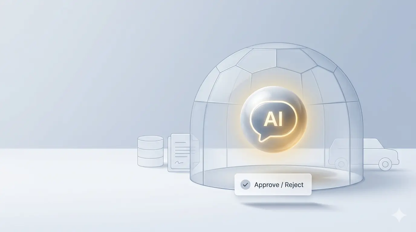 Illustration of safety guardrails around an AI assistant, representing responsible AI design in rental software